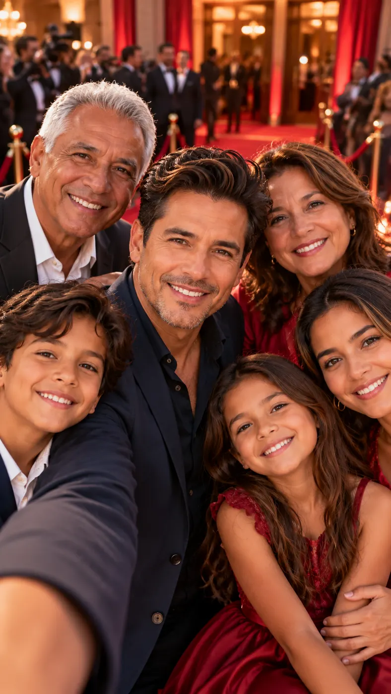 The person from a family reunion photo appears as a selfie-style lead at the red-lit venue entrance, with the crowd behind them.