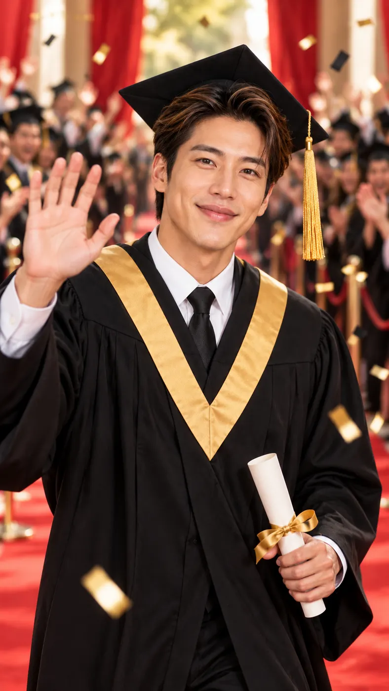 The person from a graduation portrait becomes the lead under the red entrance lights as the surrounding crowd cheers.